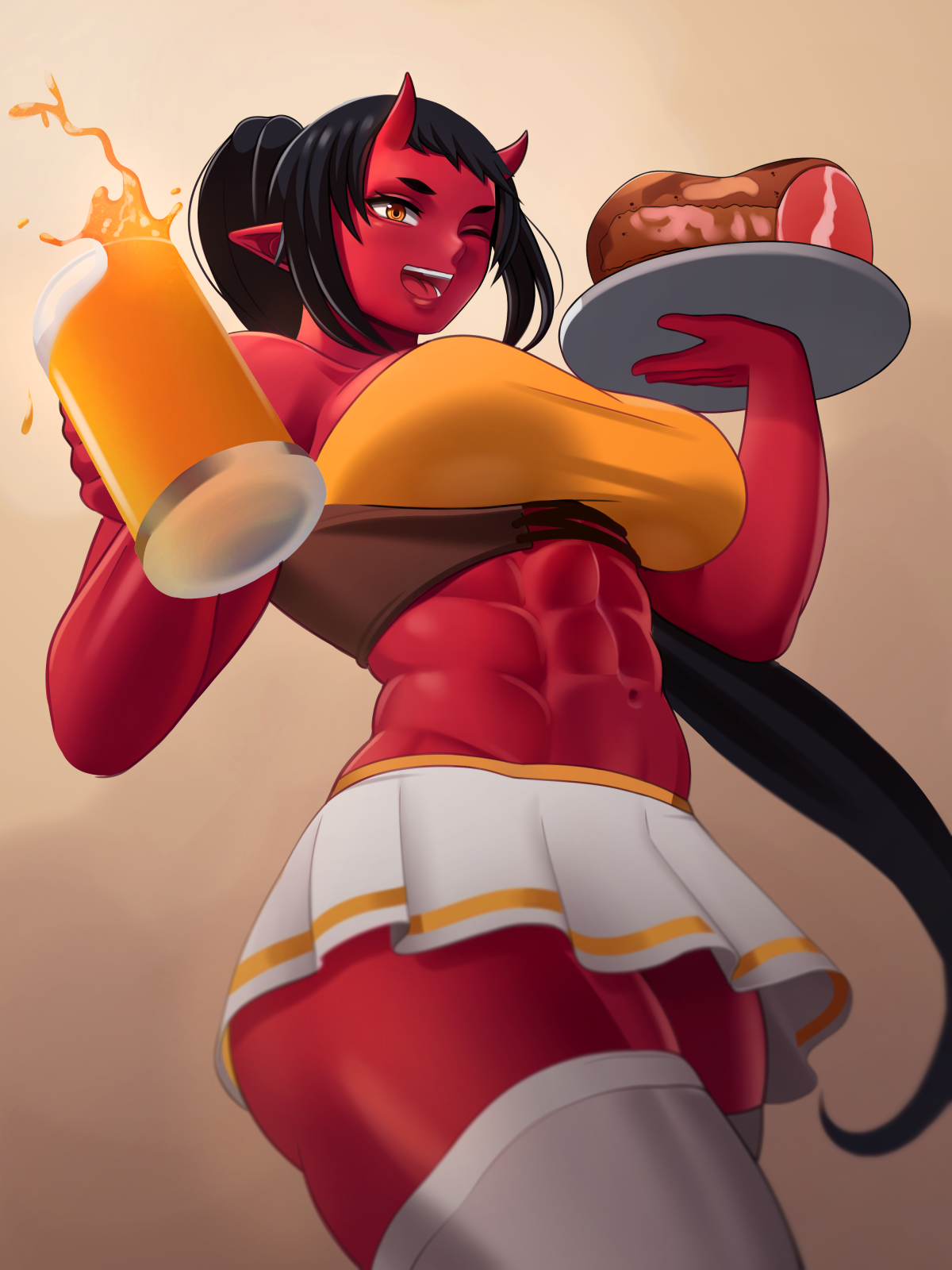 The strongest waitress - Aki-San94, Арт, Крепкая девушка, Monster Girl, Демон они, Демонесса, Аниме, Anime Art