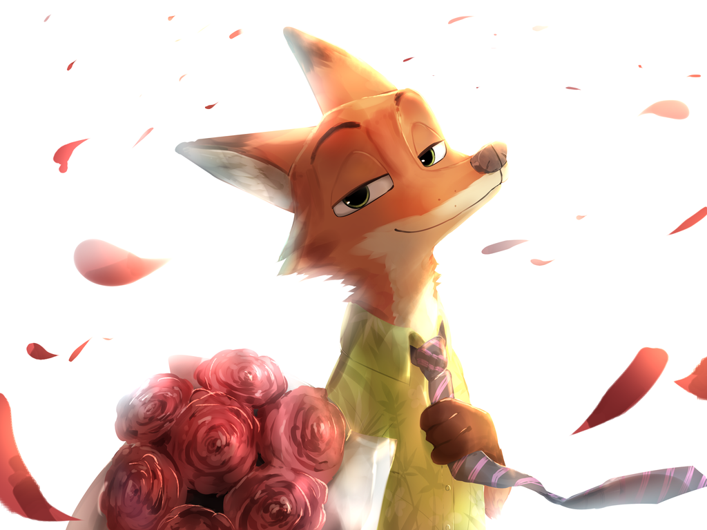 Honey, this is for you. - Zootopia, Nick wilde, Romance, Flowers, Art, , Furry