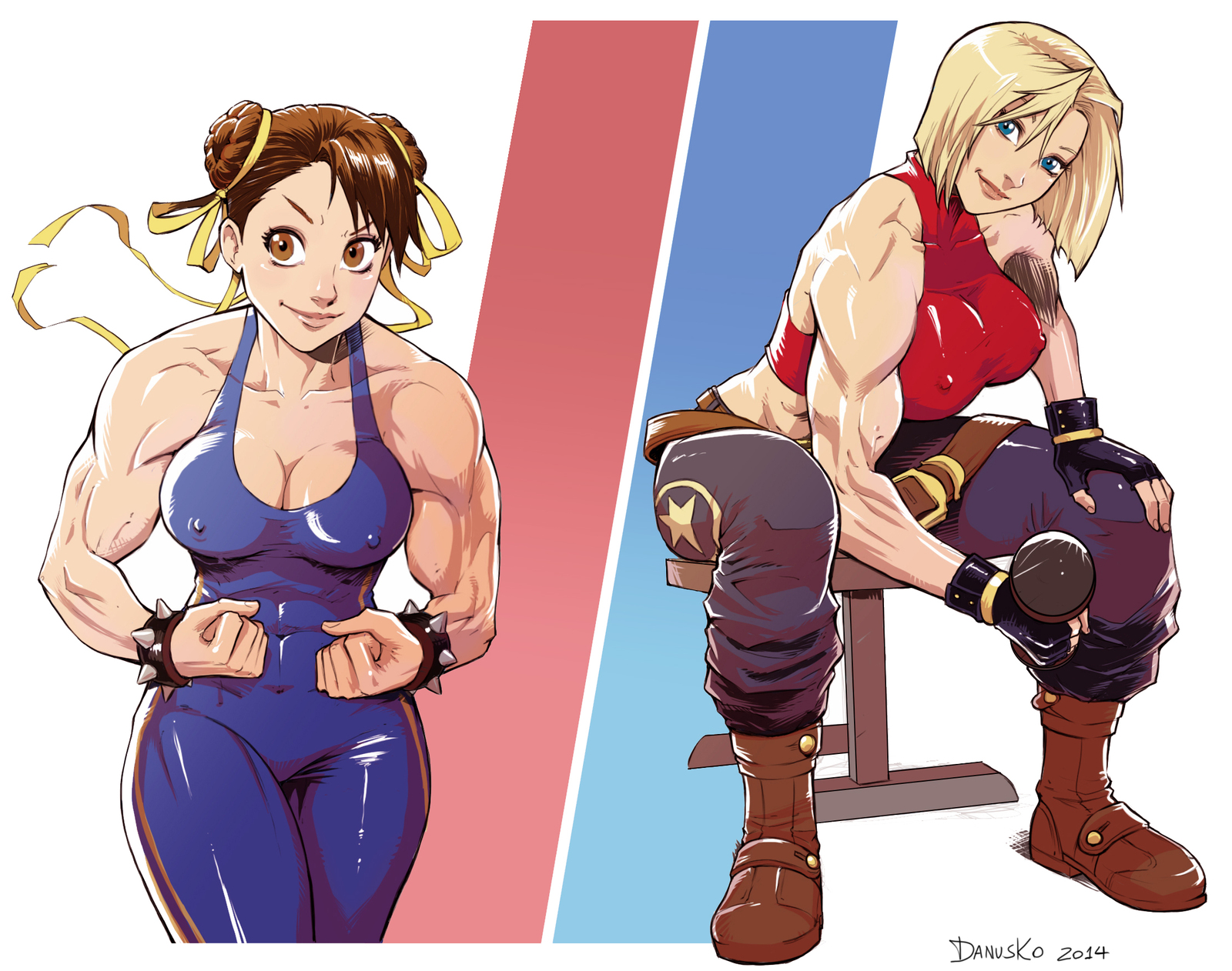 Muscular Chun-Li and Blue Mary - Danusko, Street fighter, Chun-Li, Blue Mary, Strong girl, Art, Snk heroes tag Team frenzy