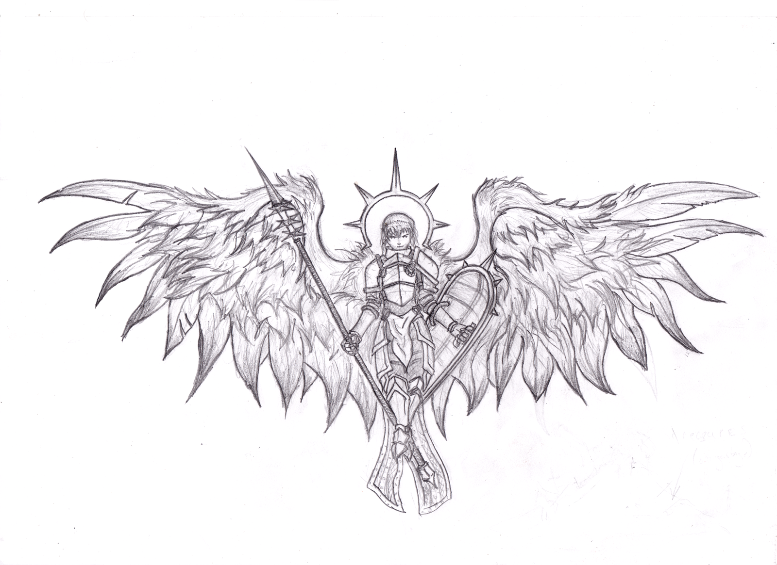 pencil sketch - My, Drawing, Fantasy, Wings, Girls, Nimbus, Black and white, Angel