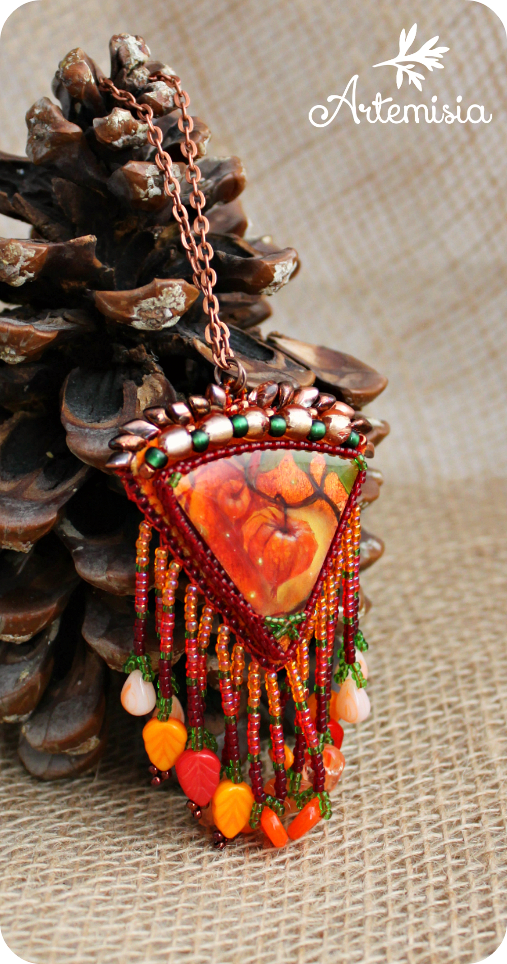 Autumn pendant post. - My, Beads, Pendant, Physalis, Needlework, Autumn, Mood, Autumn mood, Beading, Longpost