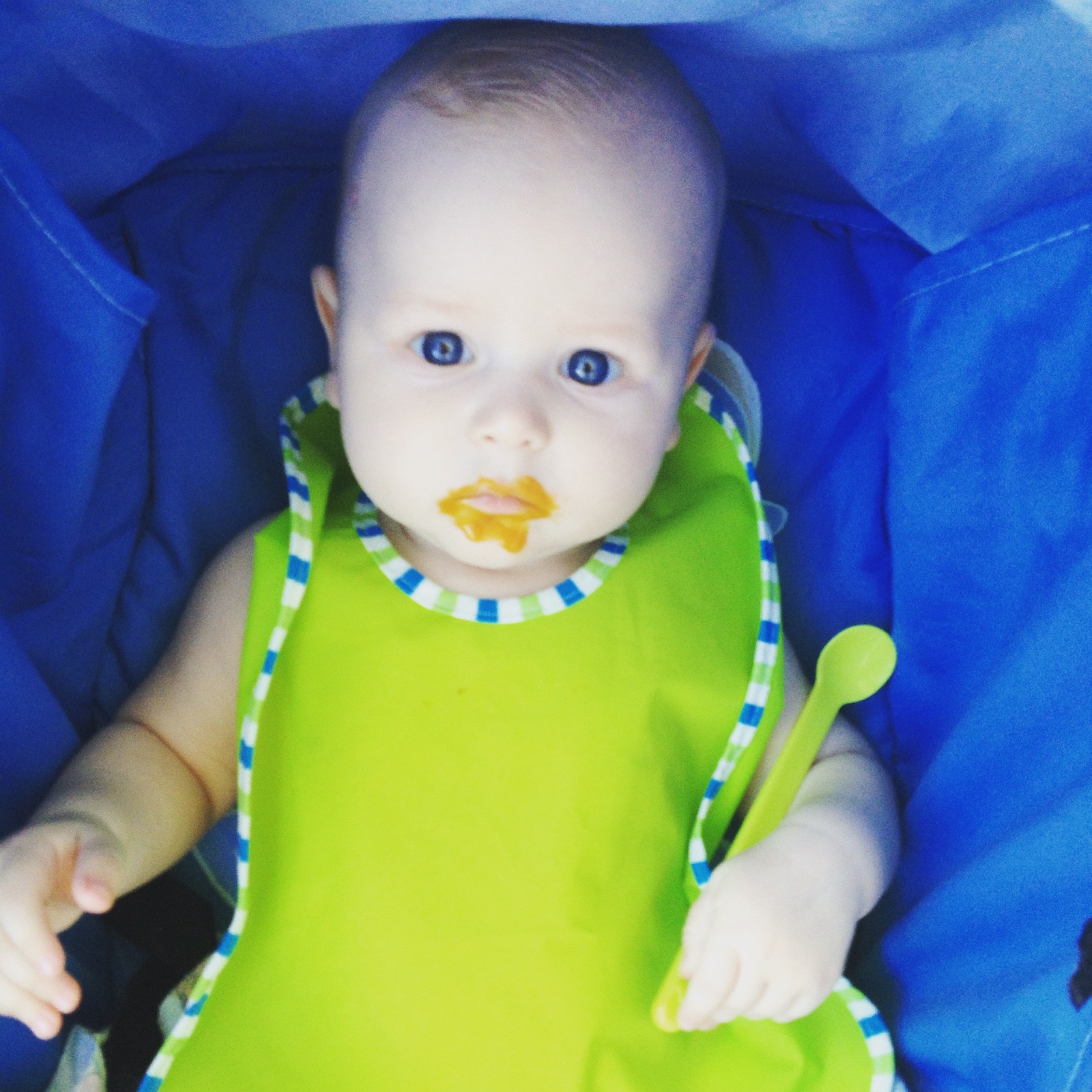 When I first ate well. - My, Tikhon, Children, Blue eyes, , First time, Omnomnom, Food, Puree