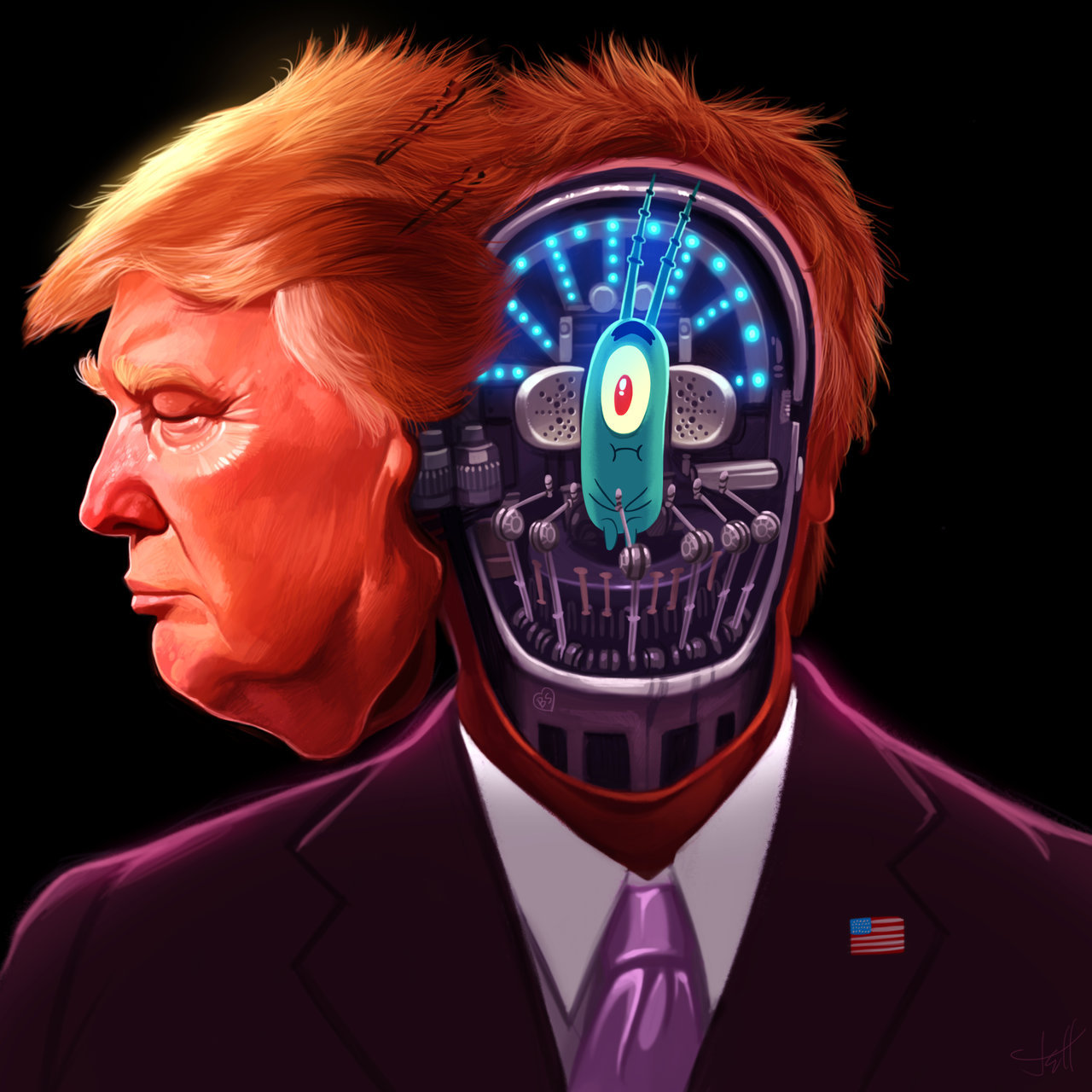 Suddenly! - Donald Trump, Plankton, Robot, Head, Men in Black, Mechanism, Cabin, Illustrations