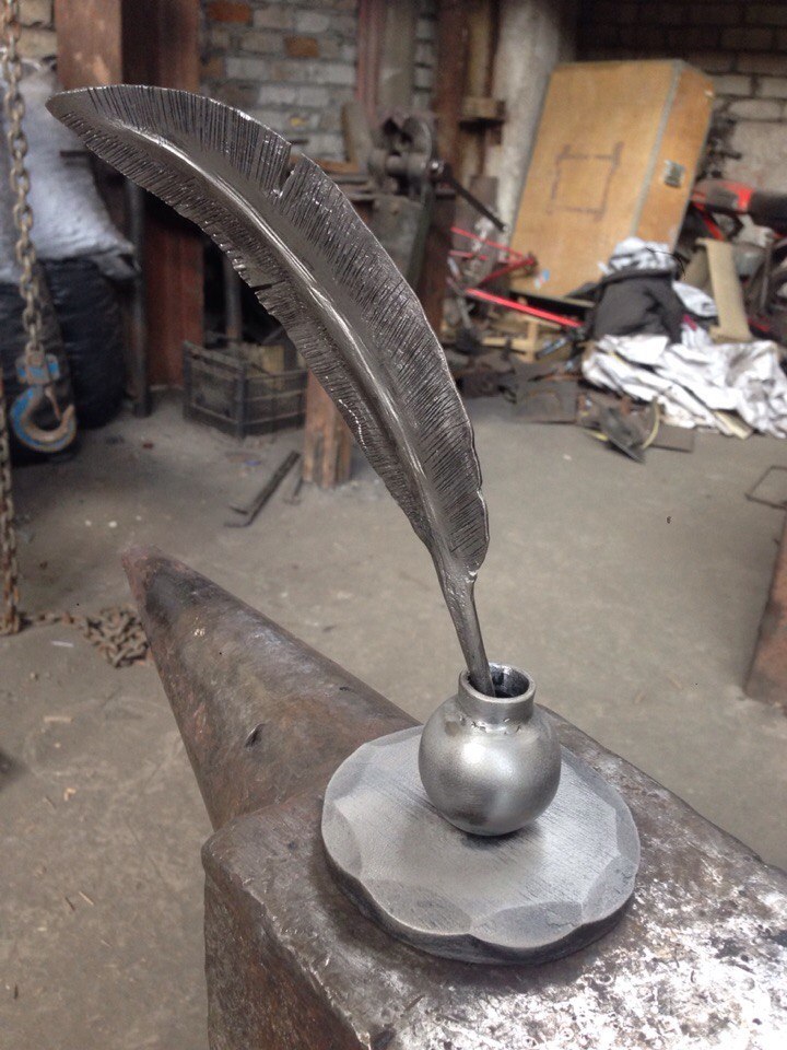 Forged inkwell and feather - My, Forging, Inkwell, Feather, , Handmade, Metal, Forge, Longpost