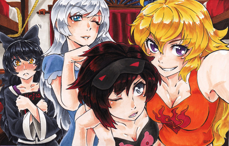 RWBY в пижамах - RWBY, Anime Art, Аниме, Не аниме, Ruby Rose, Yang Xiao Long, Blake Belladonna, Weiss Schnee