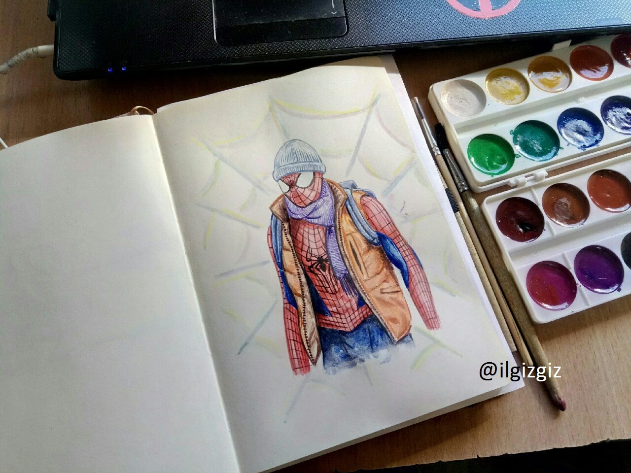 I drew Spidey in my spare time. Autumn version of the costume)))) 0 - My, Spiderman, Watercolor, Hobby, Marvel, Spider-man