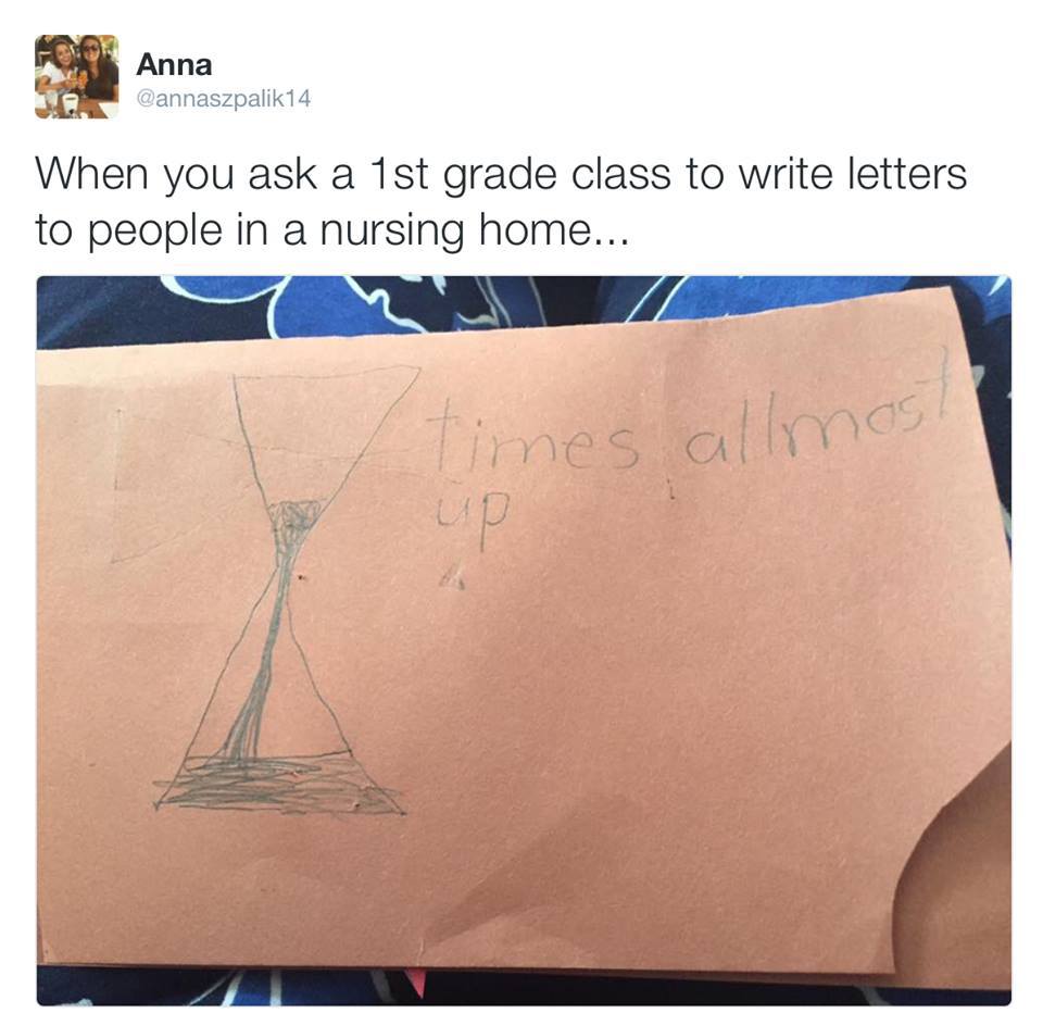 When you ask first graders to write a letter to those living in a nursing home - Letter, Nursing home, First grader, Hourglass, Translation