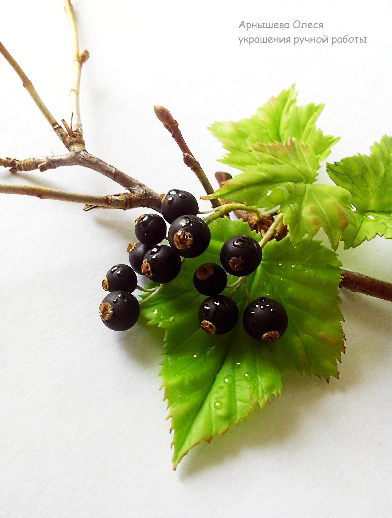 Brooch with blackcurrant berries handmade. - My, Polymer clay, Handmade, Cold porcelain, Brooch, With your own hands, Decoration, Лепка, Blackcurrant, Longpost