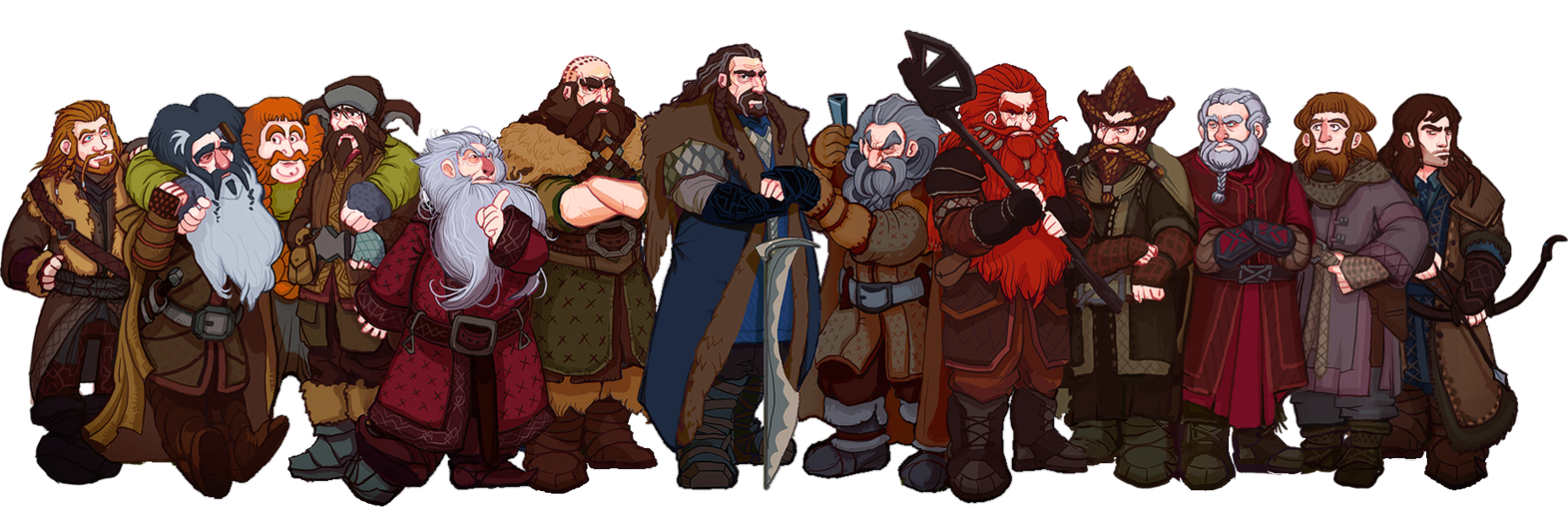 From left to right: Fili, Bifur, Bombur, Bofur, Balin, Dwalin, Thorin Oakenshield, Oin, Gloin, Nori, Dori, Ori, Kili - The hobbit, Gnomes, Deviantart, Tolkien