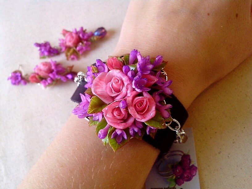 A set of handmade jewelry made of polymer clay. Roses and lilacs. - Decoration, Polymer clay, the Rose, Lilac, A bracelet, Earrings, Handmade, Bijouterie, Longpost