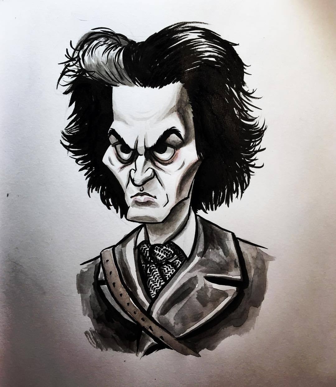 Demon - hairdresser, freak and judge - My, Sweeney Todd, Alan Rickman, Helena Bonham Carter, Johnny Depp, Inktober, Mascara, Drawing, Longpost