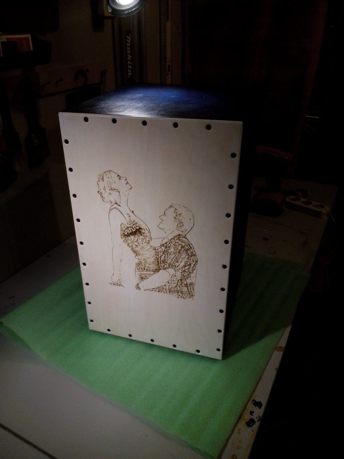 Burning out on the cajon - My, Pyrography, Cajon, Music, With your own hands, Girls, Stool, Box, Tree, Longpost