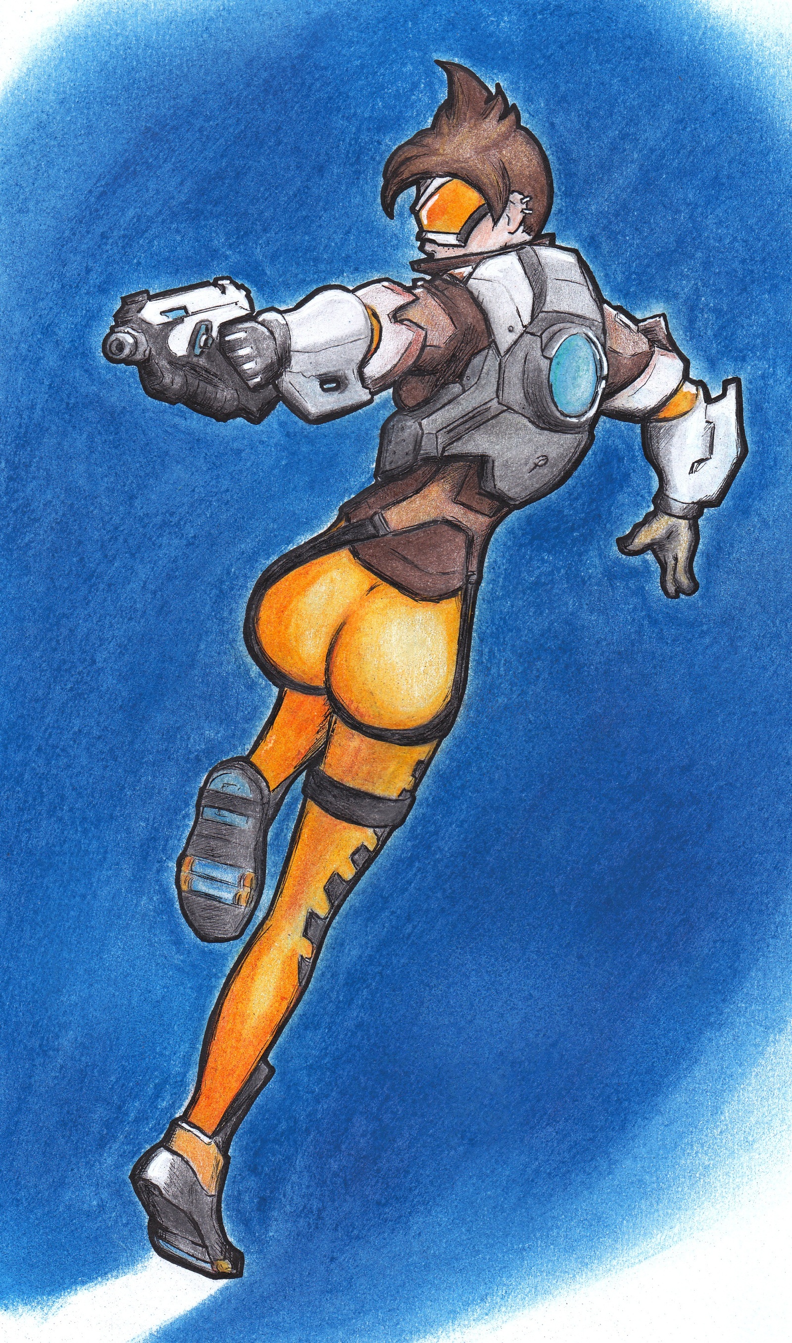 My second attempt at drawing Tracer from Overwatch - My, Tracer, Overwatch, Drawing, Blizzard, Pastel, Pencil, Pen, Art