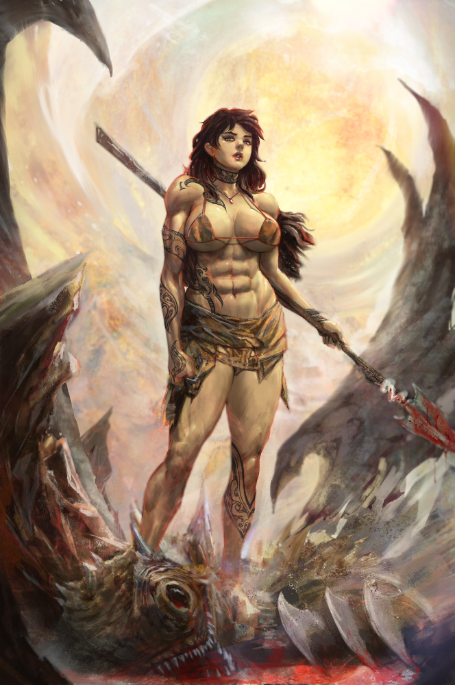 Cavewoman - Paulobarrios, Арт, Крепкая девушка, Варварша, Воительница, Фэнтези, Амазонка, Дракон