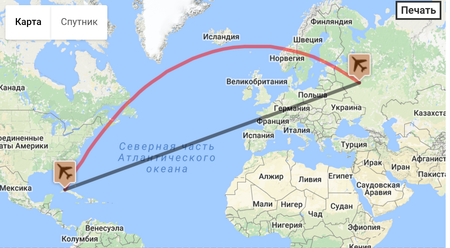 Direct flight from Moscow to Havana - My, Flight, Cards, the globe, Geography, Moscow, Havana