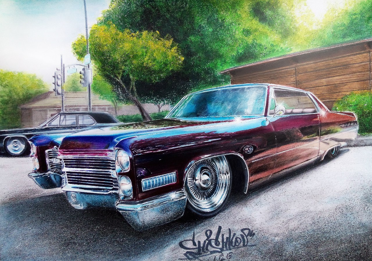 Рисунок 1966 Cadillac on Air lift. Формат А3. Использовалось: краски, карандаши, маркеры, ручки. Много сил и времени) - Моё, Cadillac, Арт, Рисунок, Творчество, Рисование, Моё, Олд кар, Бумага