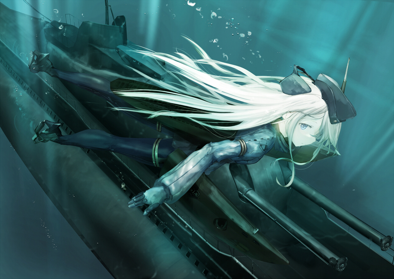 U-511 и... затонувший корабль, подлодка с башнями? - u-511, Kantai Collection, Под водой, Аниме