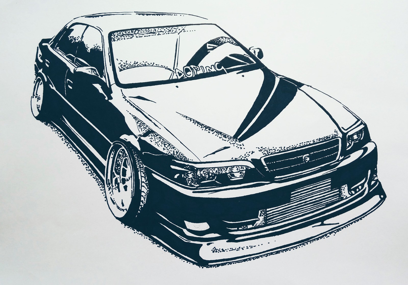 Toyota Chaser JZX100, черный маркер, линер, А4. - Моё, Toyota, Toyota chaser, Chaser, Jzx100, Рисунок, Рисунок маркером, Рисунок линером, Авто