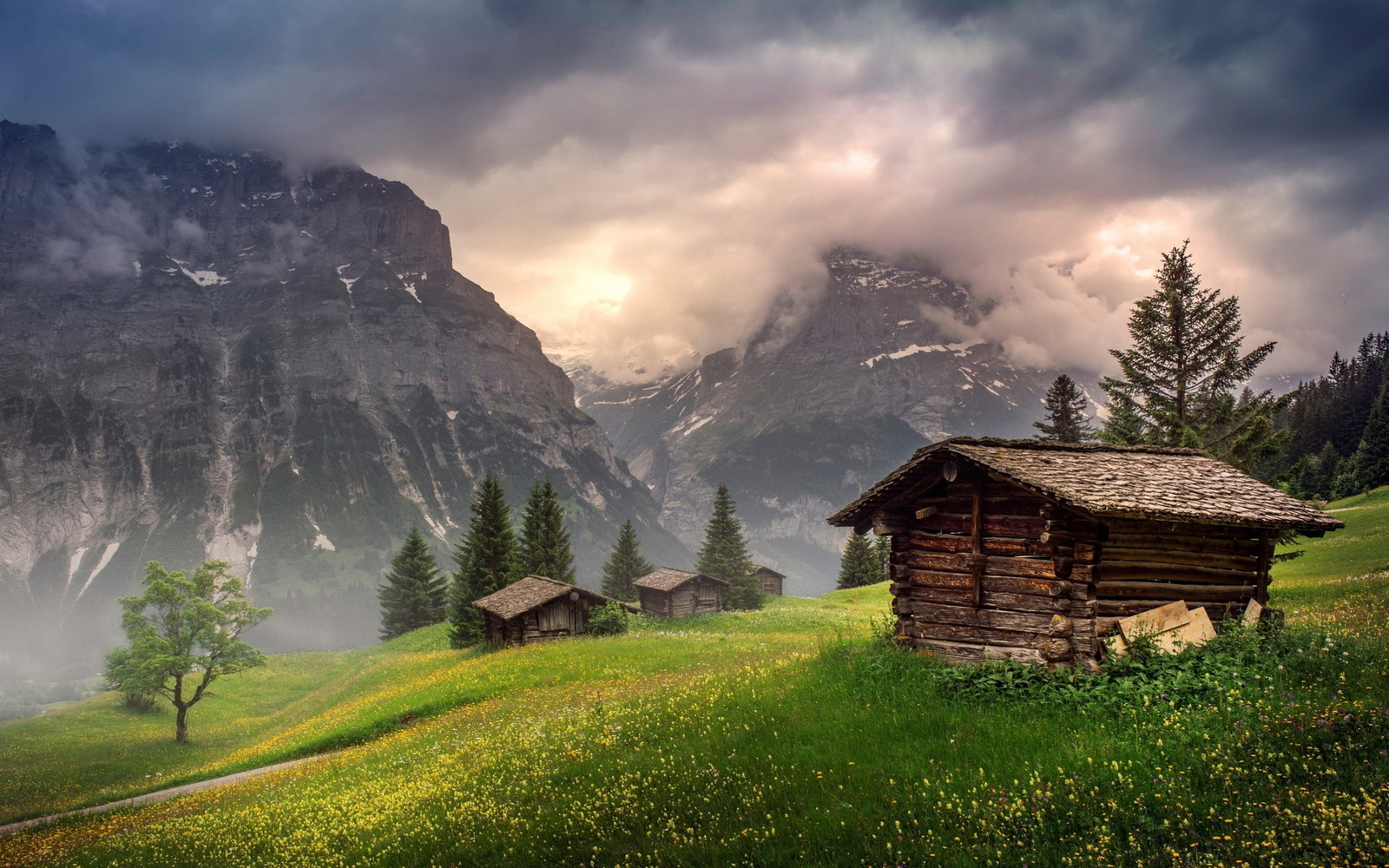 Sheds in the mountains - Sheds, The mountains, Clouds, Grass, Wallpaper, Nature