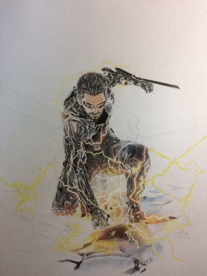 Deus Ex: Mankind Divided - My, Deus Ex, Deus ex mankind divided, Adam Jensen, Art, Drawing, Colour pencils, Speed ??painting, Longpost