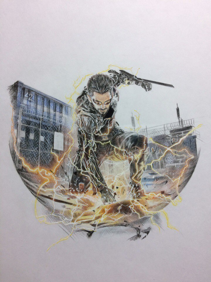 Deus Ex: Mankind Divided - My, Deus Ex, Deus ex mankind divided, Adam Jensen, Art, Drawing, Colour pencils, Speed ??painting, Longpost