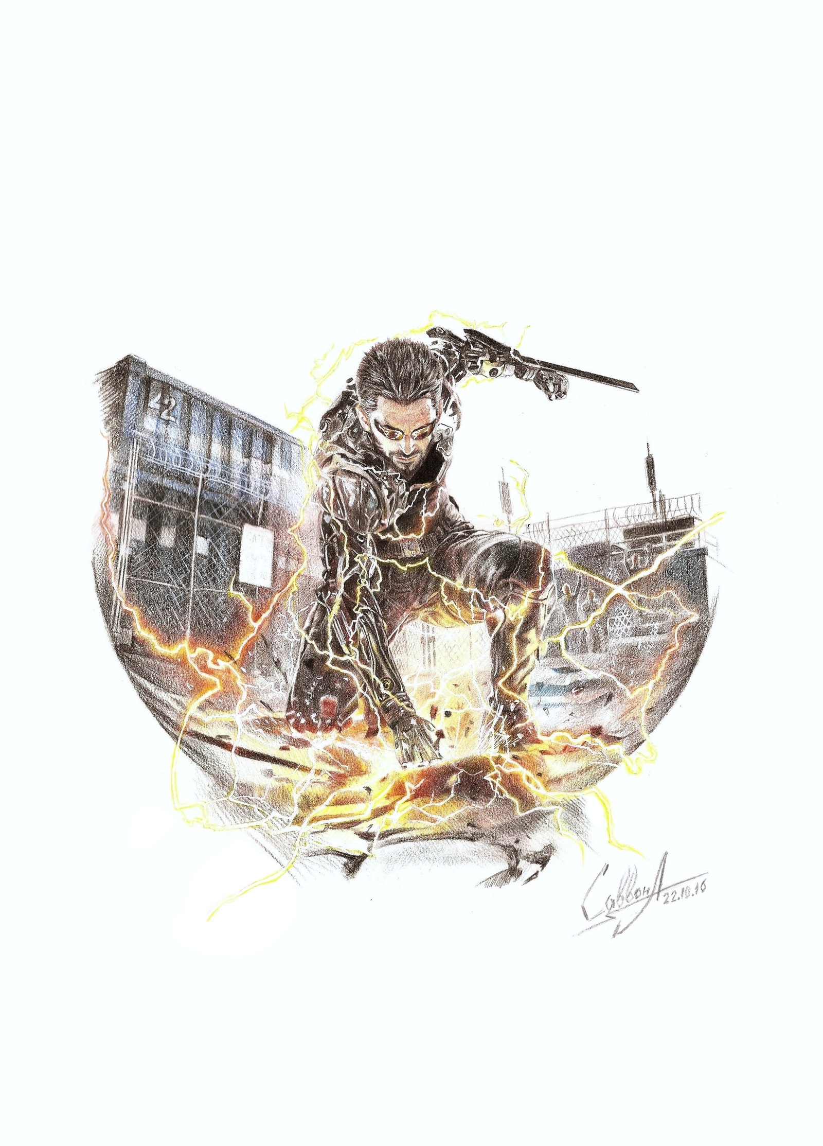 Deus Ex: Mankind Divided - My, Deus Ex, Deus ex mankind divided, Adam Jensen, Art, Drawing, Colour pencils, Speed ??painting, Longpost