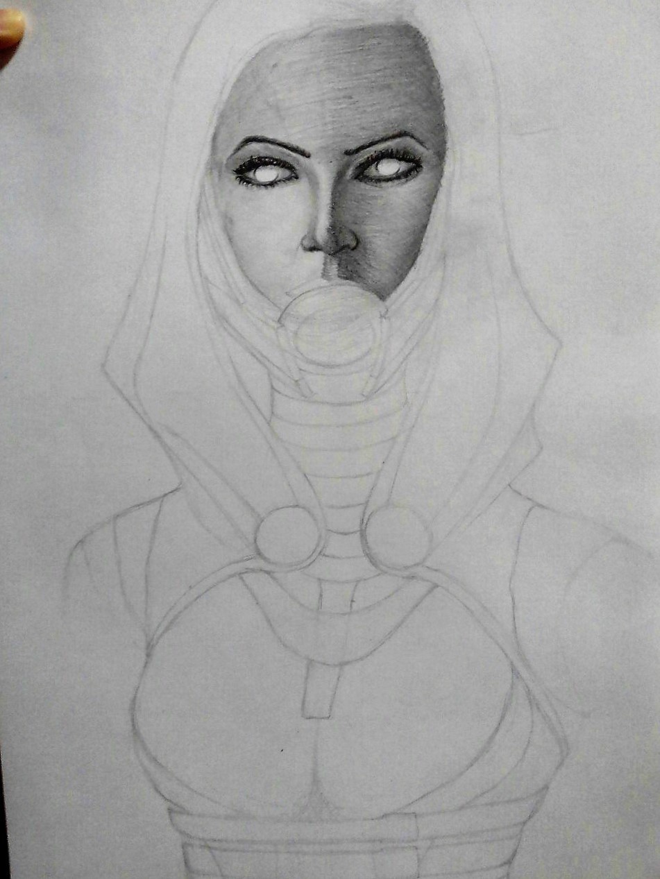 Tali'Zorah (Sorry for the quality of the photos (j1 mini), I really wanted to vy.../share) - My, Mass effect, Pencil drawing, Hobby, Longpost