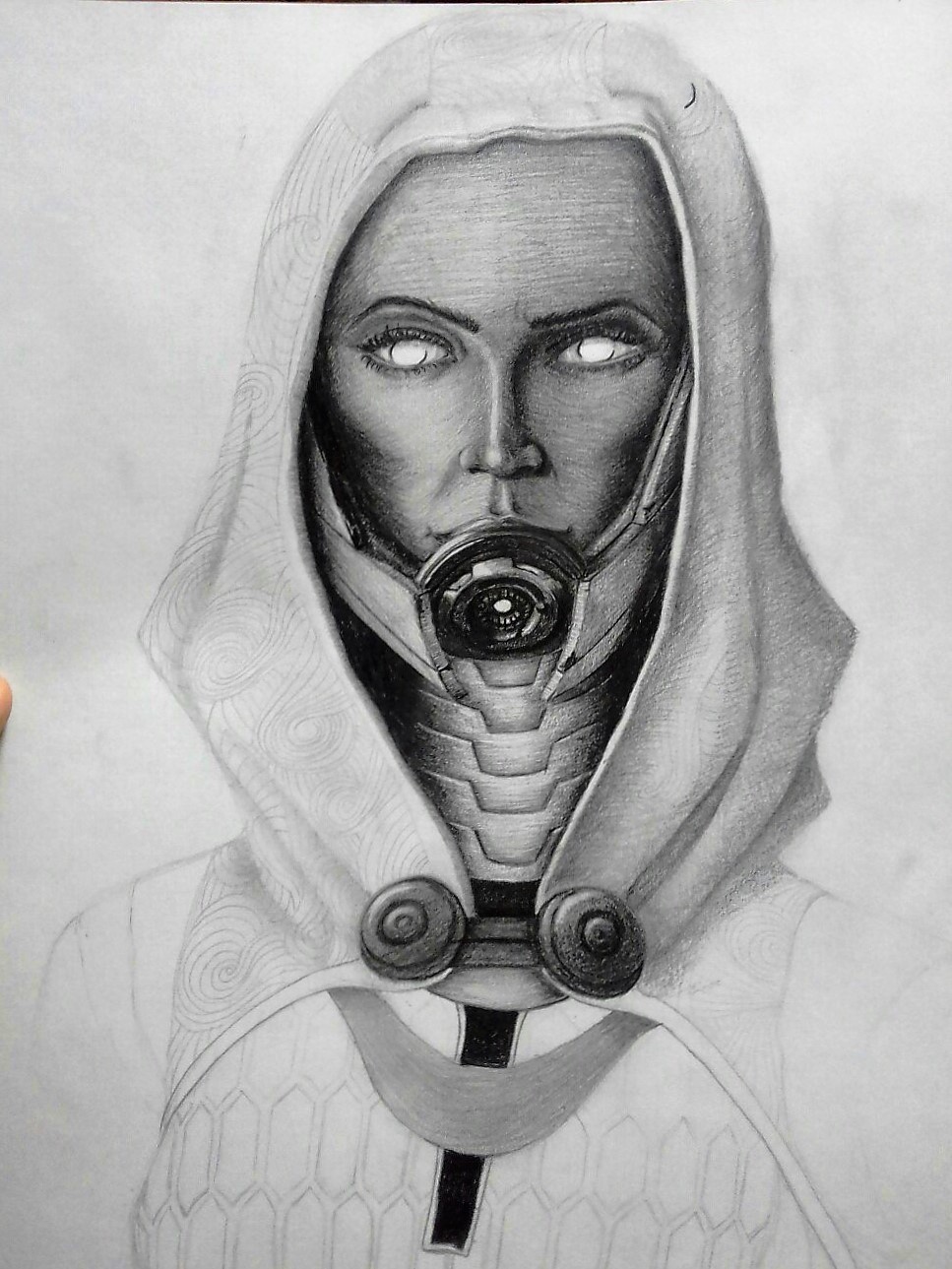 Tali'Zorah (Sorry for the quality of the photos (j1 mini), I really wanted to vy.../share) - My, Mass effect, Pencil drawing, Hobby, Longpost