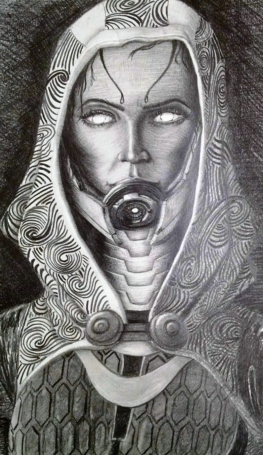 Tali'Zorah (Sorry for the quality of the photos (j1 mini), I really wanted to vy.../share) - My, Mass effect, Pencil drawing, Hobby, Longpost