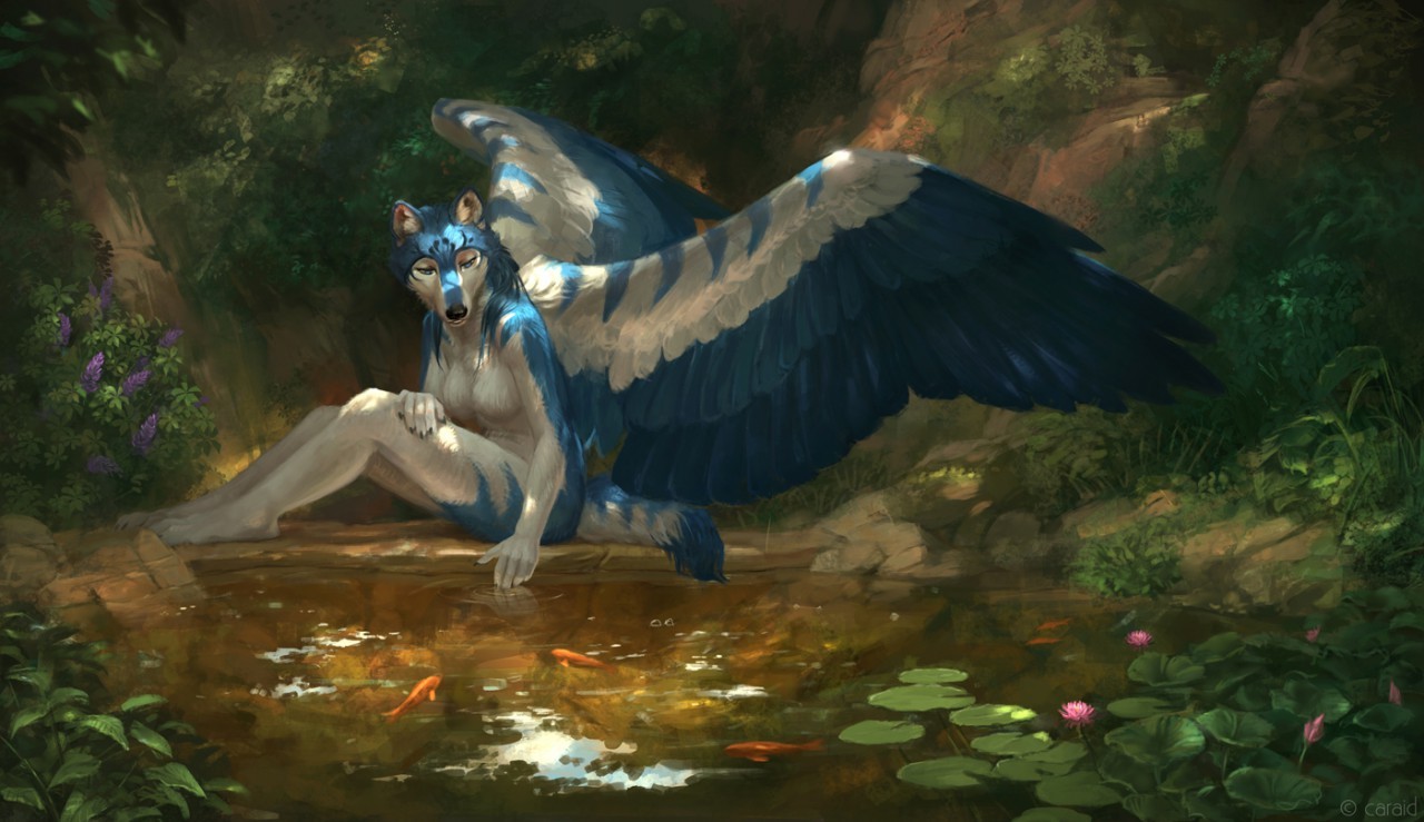 Calmness - NSFW, Art, Furry, Wings, Water, Wolf, Furotica, Caraid, Nature