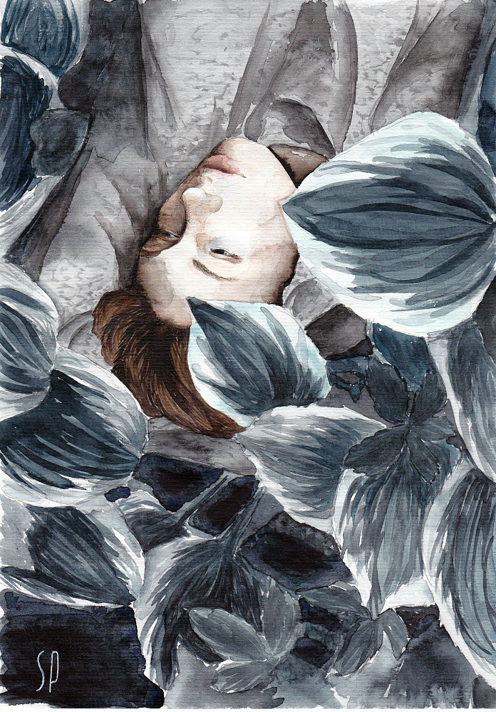 Portrait of a young man in hosta leaves - My, Junior Academy of Artists, Art, Drawing, Creation, Portrait, , Watercolor, 