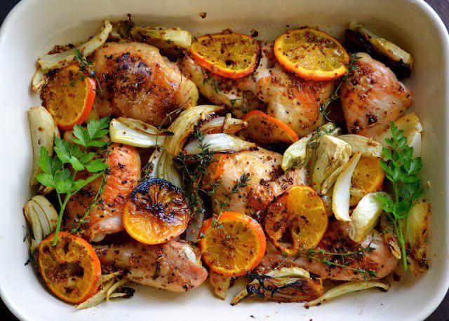 Chicken baked with oranges. - Hen, Orange, Dinner, Recipe