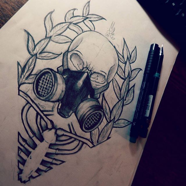 Few skeletons. - My, Skeleton, Drawing, Mask, Leaves, My