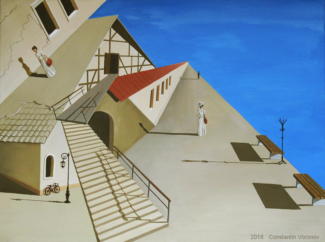 SUMMER NOON. 2014 Oil on canvas. 80 x 60 cm. - A bike, Painting, Surrealism, Girls, Stairs, Landscape, Town, My