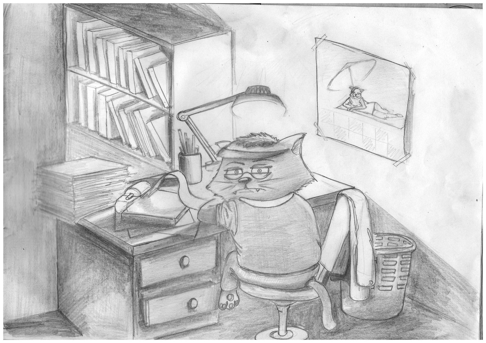 Dedicated to all those who are busy at work - My, Pencil drawing, cat, Work