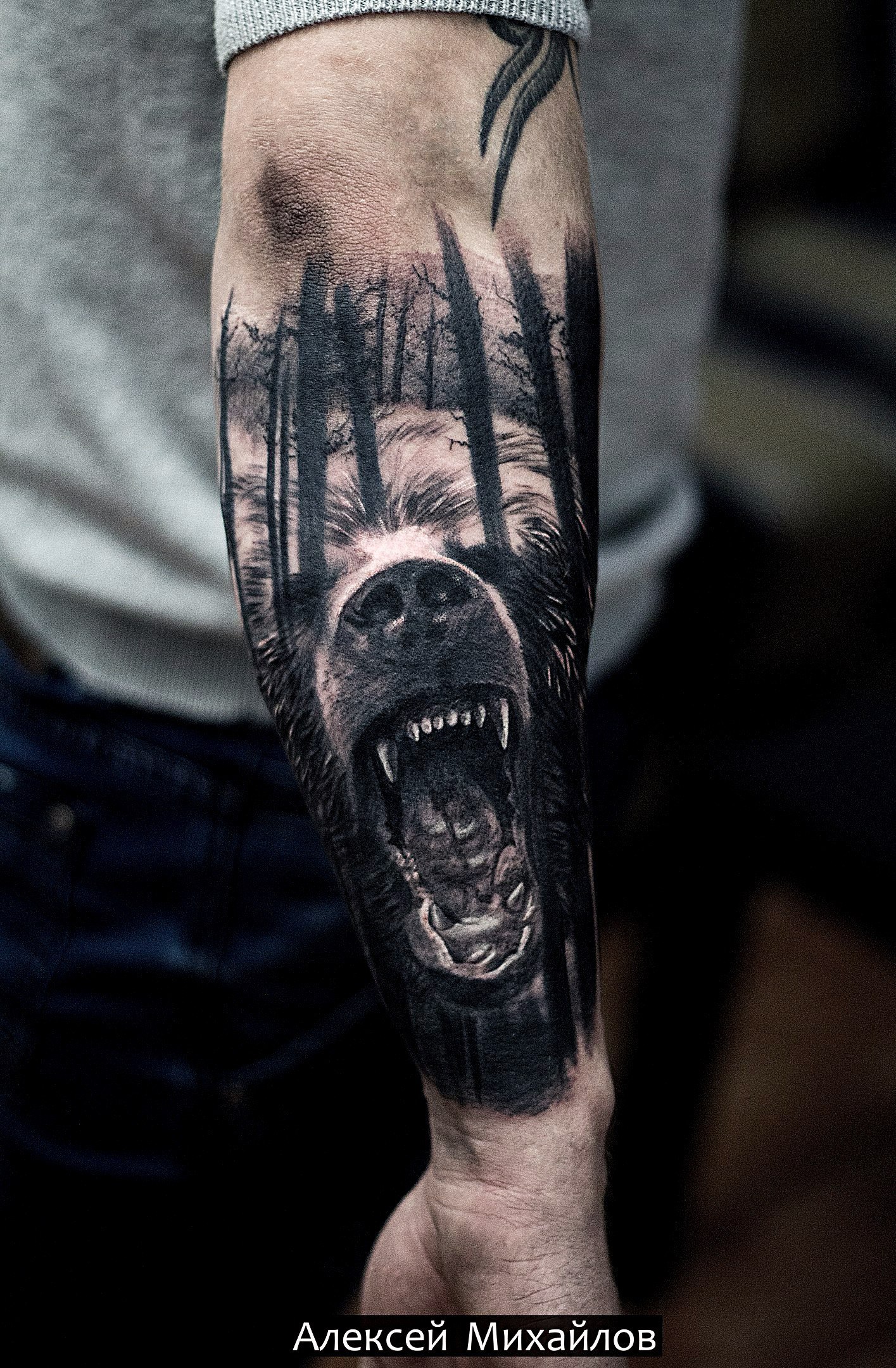 Tattoo - bear in the forest, sketch from the Internet, realism style - My, The Bears, Forest, Tattoo, Drawing, Black and white, Tattoo, Paint, Realism