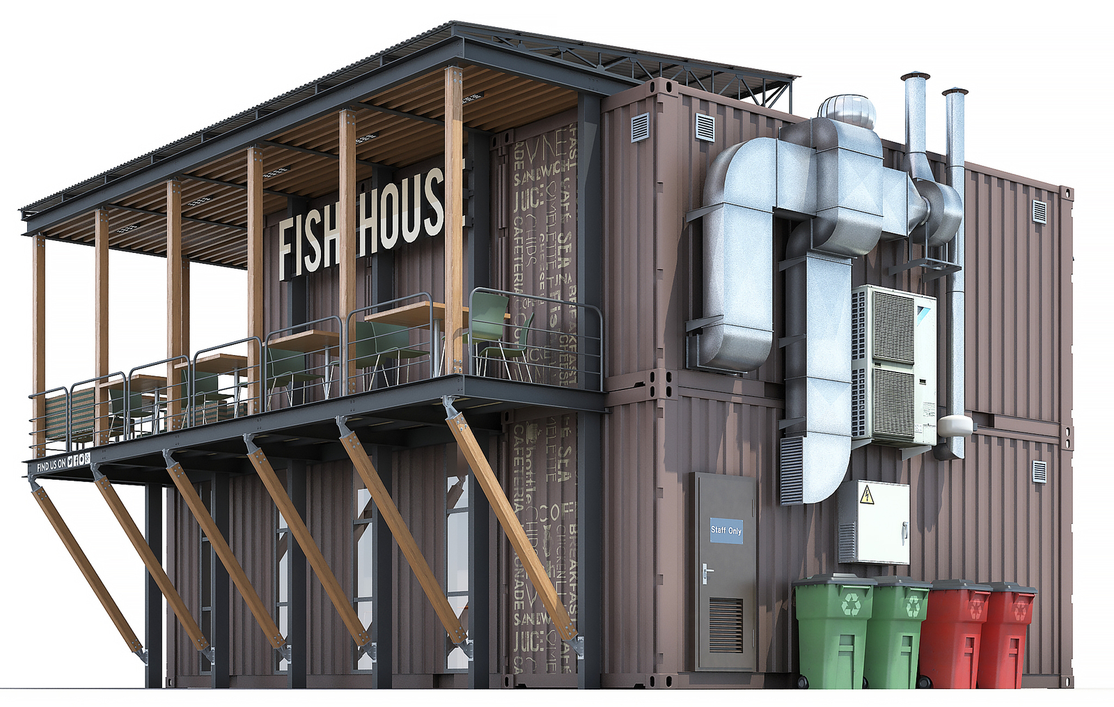 3D model of a fish restaurant from containers - My, 3D, 3D max, 3DS max, My, Longpost