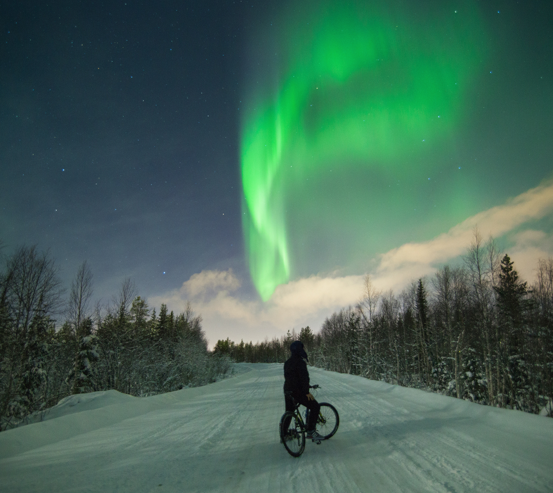 northern Lights - My, A bike, Person, Landscape, Shine, Night, Russia, beauty, Sport, Polar Lights