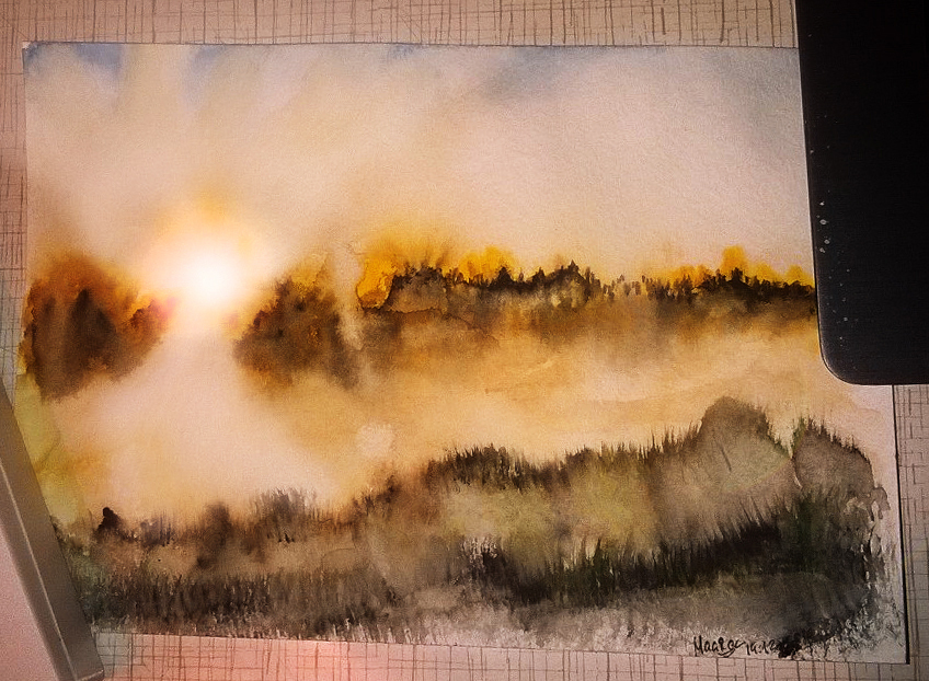 From fields to mountains - My, Art, Fog, The mountains, Watercolor, My, Field, dawn, Sunset