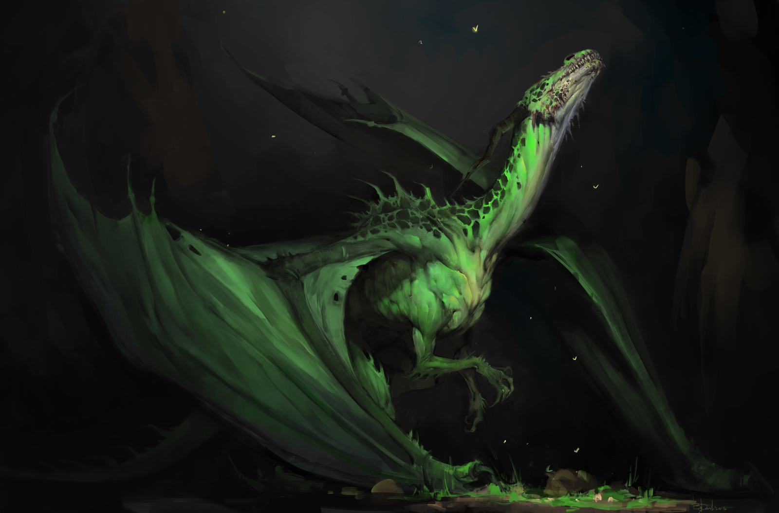 The Dragon - My, The Dragon, Green, Grass, Caves, Light, Drawing, Art, 2D