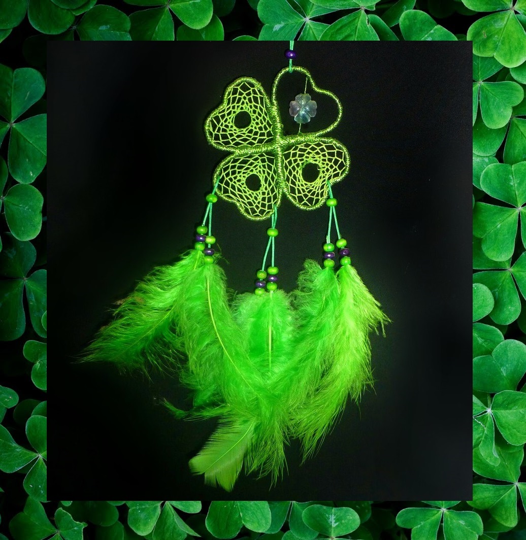 Dream catcher with natural stone - My, Dreamcatcher, Clover, , Green, Ethnic, Feathers