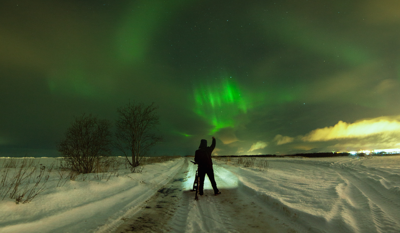 Green elephant - My, Landscape, Russia, Night, Панорама, Light, North, A bike, Polar Lights