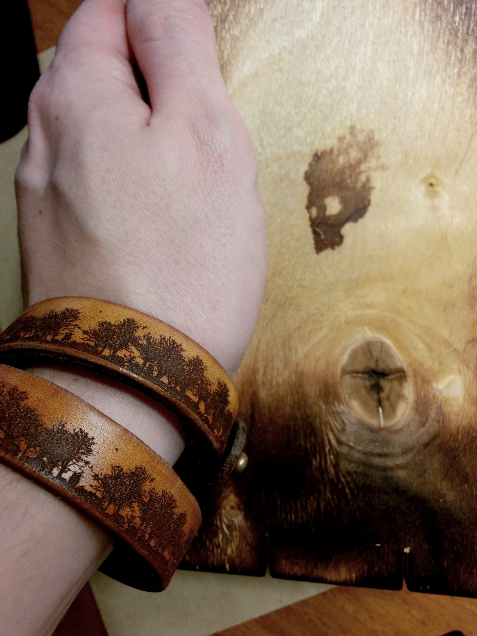 Dark Forest leather bracelet - My, A bracelet, Leather, Forest, Tree, , Longpost