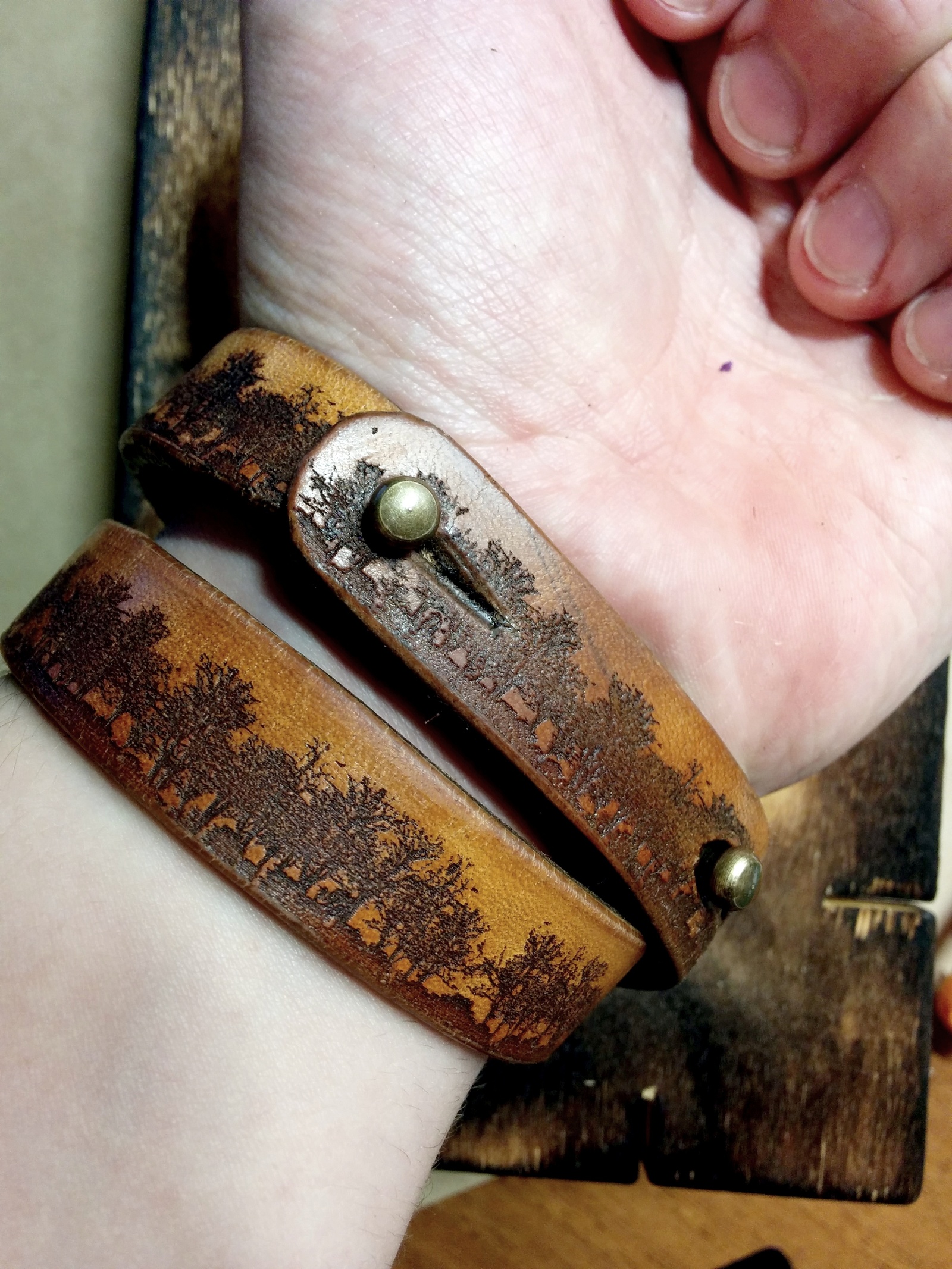 Dark Forest leather bracelet - My, A bracelet, Leather, Forest, Tree, , Longpost