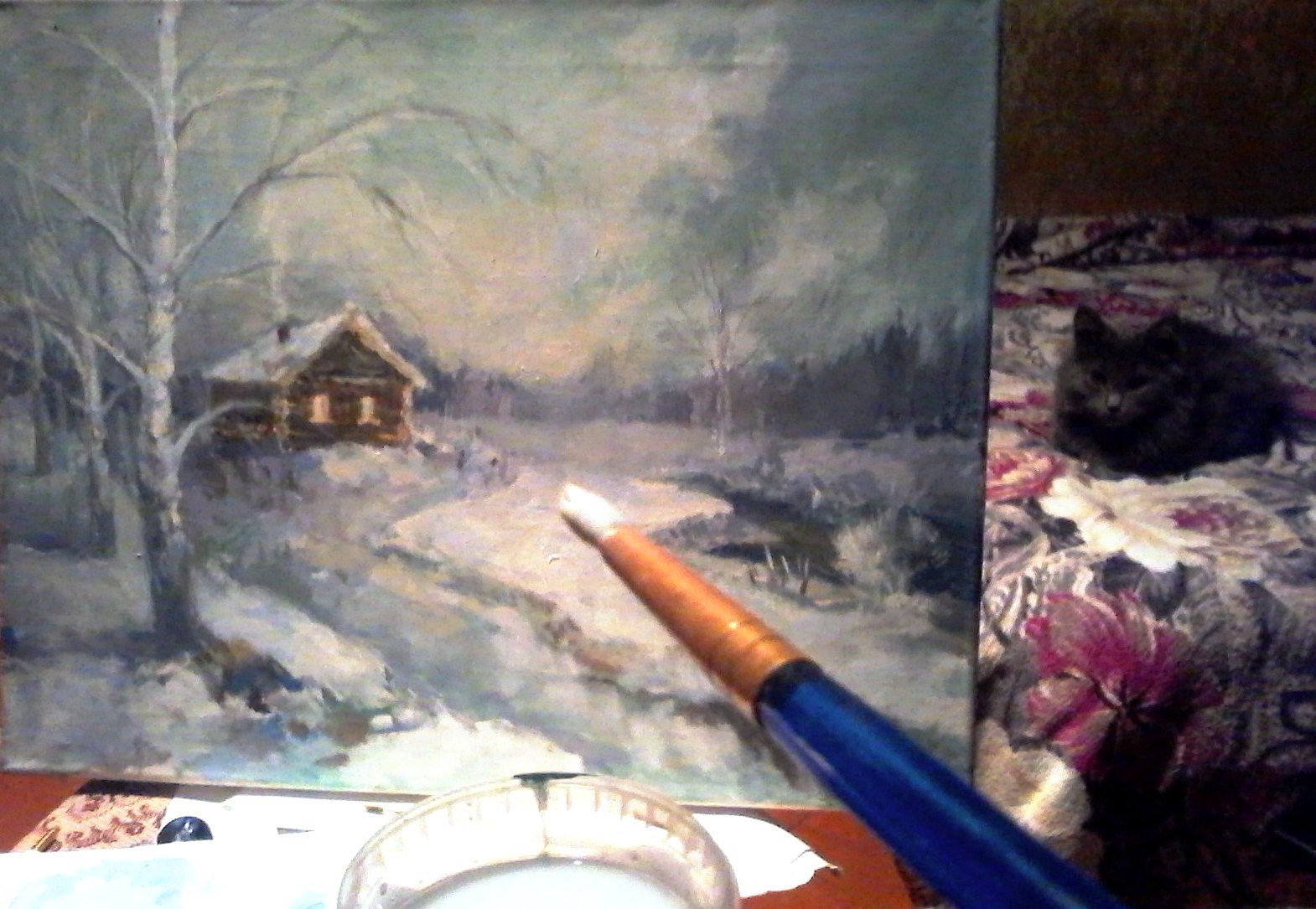 Together with the cat we are now drinking tea and painting a winter landscape in tempera. Happy New Year, everyone! (It is a pity that there is no snow in St. Petersburg now) - My, Landscape, Winter, Painting, cat, Work, Tempera painting, Creation, Art