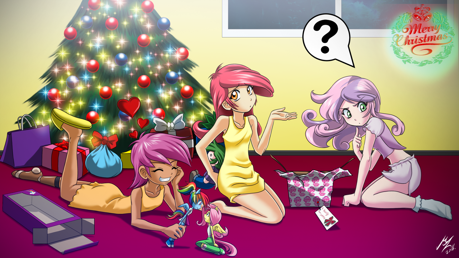 Time to open the gifts! - My little pony, Scootaloo, Applebloom, Sweetie belle, Rainbow dash, Fluttershy, Humanization, Christmas, , Mauroz