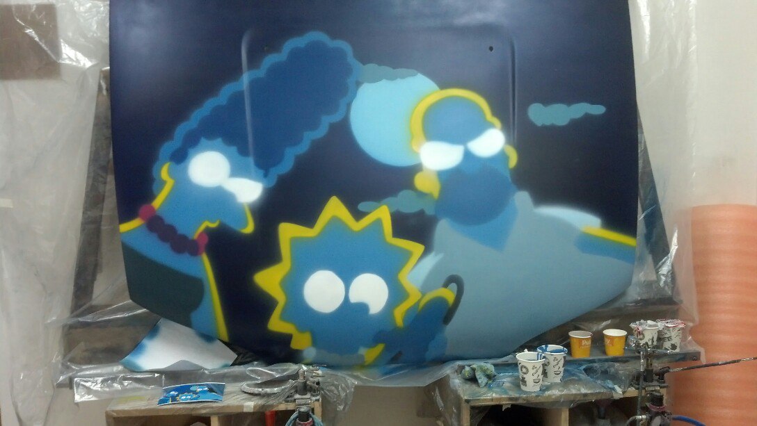 The process of the appearance of the Simpsons on the car, or the story of how the hood was saved. - My, Airbrushing, The Simpsons, Drawing, Auto, Artist, Art, Homer Simpson, Hood, , Marge Simpson, Lisa Simpson