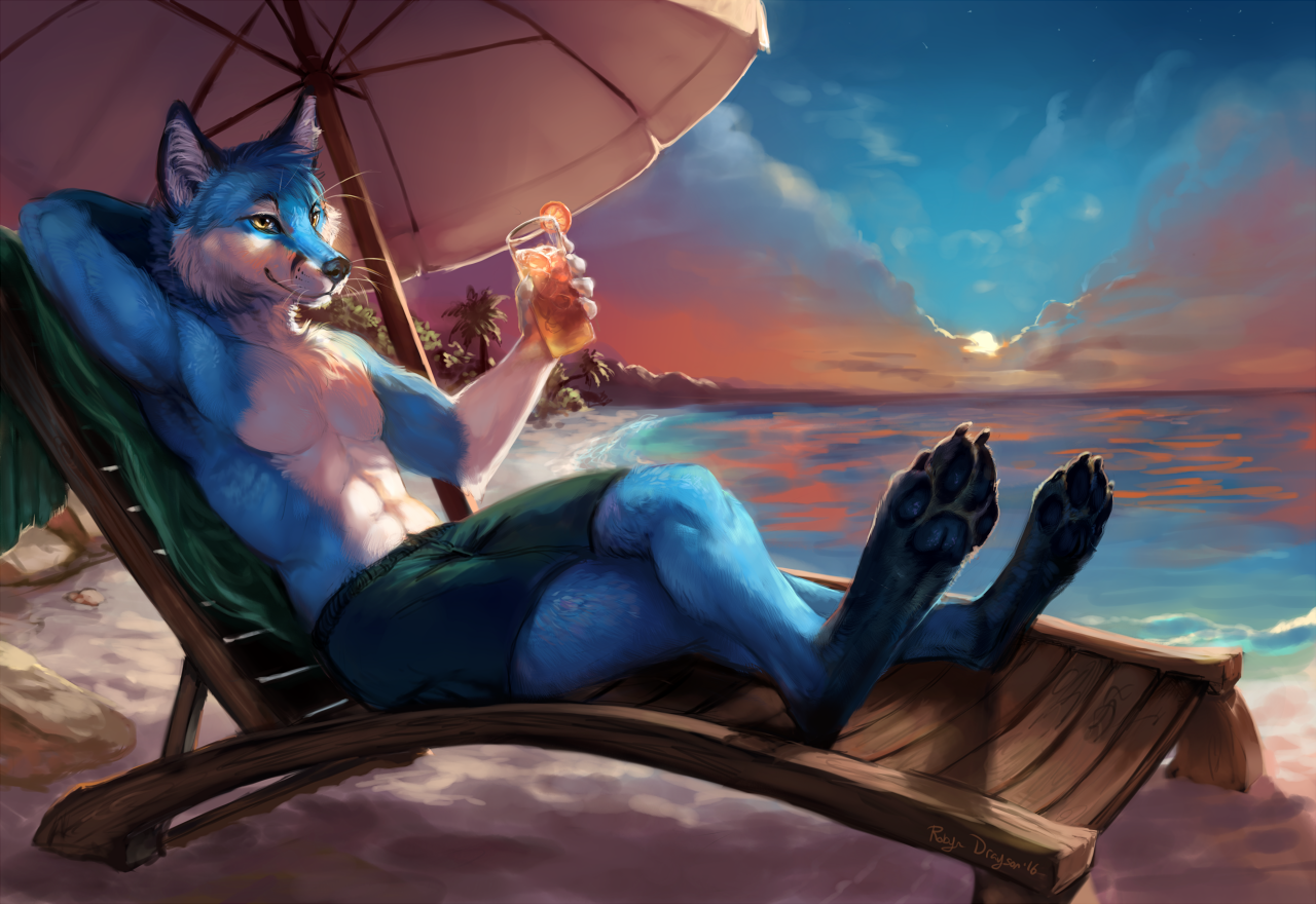 Relaxation - Rhyu, Beach, Sunset, Fox, Furry, Art