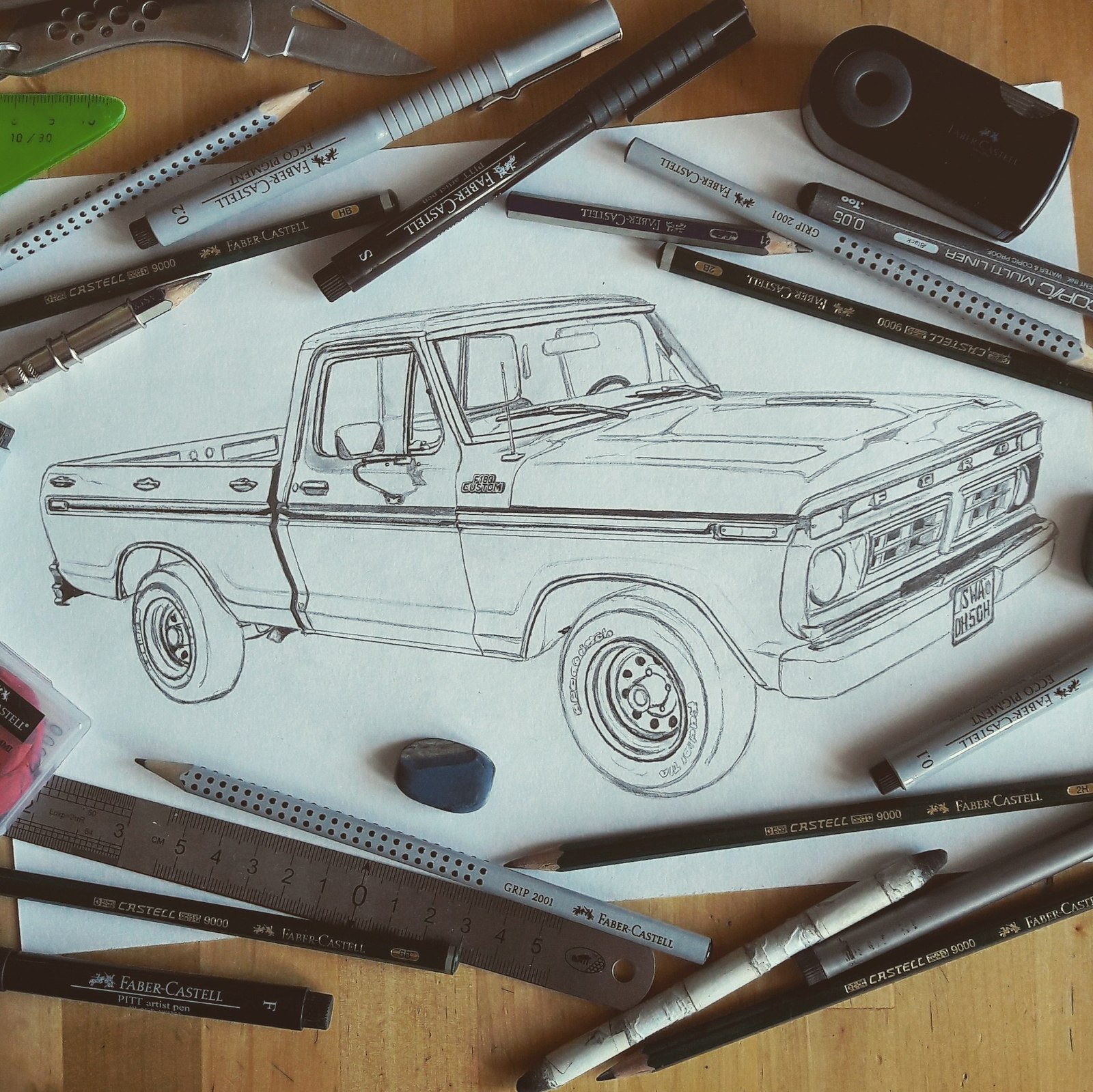 2015 Ford Mustang S550 + 1972 Ford F100 Custom - My, Auto, Car, In contact with, Longpost, Creation, Pencil drawing, Drawing, Art