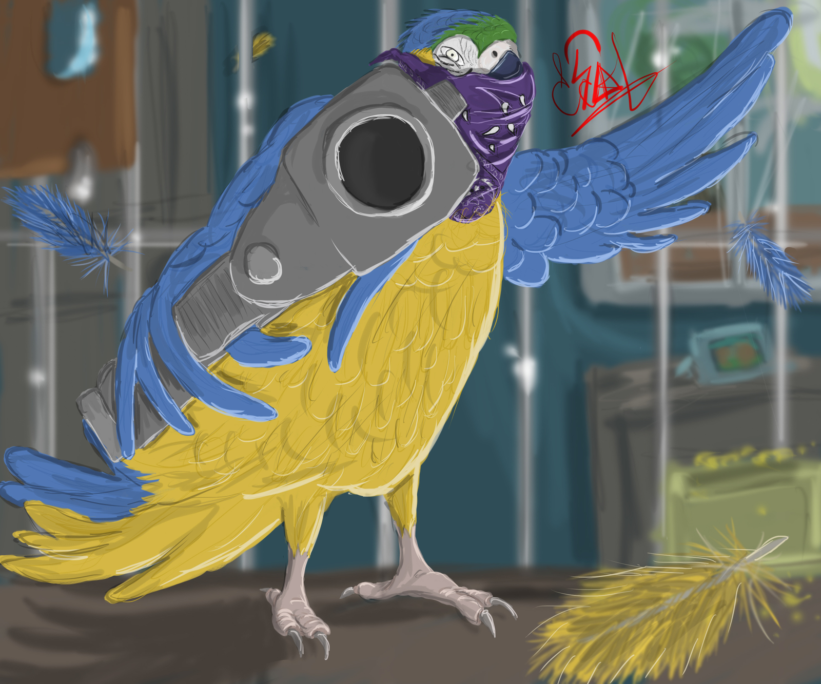 First commissioned picture from a friend, Gangster Parrot) - My, A parrot, Digital drawing, Gangsters, Tablet, Drawing